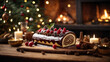 Bûche de Noël, tipico dolce natalizio francese in una atmosfera natalizia con caminetto e luci