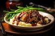 A classic, rustic French dish of coq au vin, featuring succulent chicken thighs braised in a rich red wine sauce, studded with caramelized shallots, alongside a mound of ery mashed potatoes