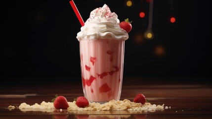 Wall Mural - A tantalizing shot of a strawberry shortcake milkshake, capturing the perfect blend of flavors in a single glass a creamy, frothy concoction made with freshly pureed strawberries, rich vanilla