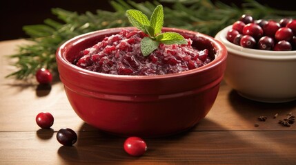 A rustic earthenware bowl holds a hearty serving of cranberry sauce, visibly bursting with whole fruit and adorned with a sprinkle of freshly picked mint leaves.