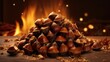 A captivating shot of a small, heaping mound of roasted chestnuts, their thin, papery shell fragments tered around them, showcasing the unmistakable aroma and inviting tenderness that is