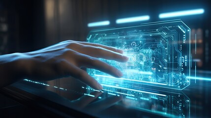 Hand touch on virtual computer screen display futuristic technology background