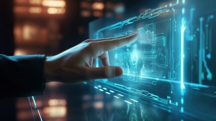 Hand touch on virtual computer screen display futuristic technology background