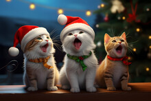 Three Kitten Singing Carols, Two Wearing Santa Hat, Christmas Fun