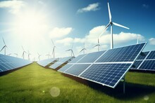 Renewable Energy - Solar Panels And Windmills On Grass. Generative AI