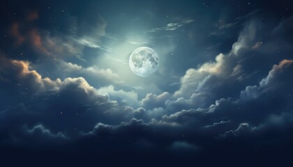 Wall Mural - night , sky clear with some clouds around full moon glowing