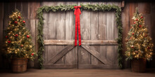 Red Vintage Rustic Barn Door, Backdrop For Photography, Christmas Trees With Gifts And Christmas Decor