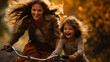 A captivating photograph capturing a young girl joyfully riding her bicycle equipped with training wheels, while her mother lovingly guides her towards confident cycling. 