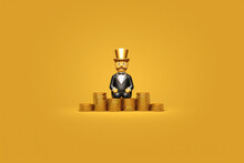 An Old Man Doll Sits On A Gold Coin, AI Generated