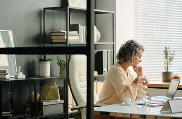 Poster - Side view of serious female analyst or broker looking through online information on laptop screen while sitting by workplace in office