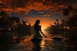 Silhouette of young woman sitting on sup board surfing with paddle. Amazing sunset and palms at background. Sun reflection in water. Generative AI	