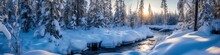 Beautiful Winter Landscape With Frozen River And Forest. Panorama. Frozen Winter Landscape With Snow Covered Trees And Lake.