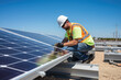 © evening_tao - A worker is installing and inspecting solar panels