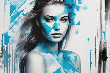 Illustration of woman portrait with blue triangular random pattern on and around the portrait model illustration. 