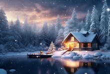 Beautiful Winter Landscape With Snow Covered Trees And Wooden House On Lake. Winter Landscape With Wooden House On The Bank Of The River At Night.