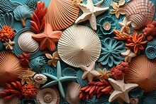 Seabed With Starfish, Shells, Tubefish. Marine Decorative Set. Underwater Ecosystem, Aquatic Natural Creatures. Generated By Artificial Intelligence