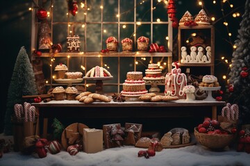 Christmas cookies on a wooden table with candles in the background. Selective focus. Holiday.