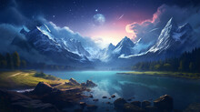 Beautiful Night Starry Sky With Mountains And Lake