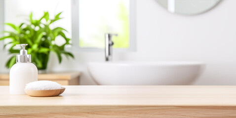 Wall Mural - Empty tabletop for product display with blurred bathroom interior background. Soap dispenser and Spa towel on pastel bathroom window interior with plant