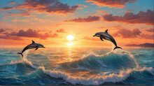 Um Pôr Do Sol Sobre Um Oceano Com Golfinhos Saltando