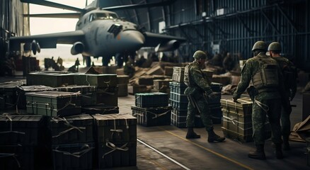 Ammunition Supply: Unloading at Military Airport. Generative ai