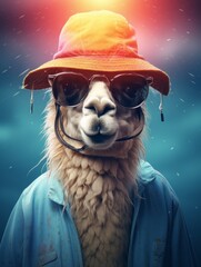 Wall Mural - a llama wearing hat and sunglasses