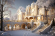A Christmas dream: a starlit stairway to heaven, adorned with golden ornaments, leads to a magical castle house. This enchanting abode is decorated with golden trinkets, accompanied by small Christmas