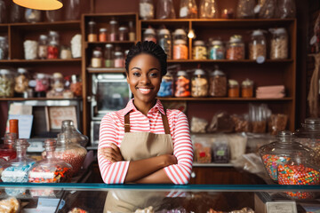 Young black female candy shop owner standing behind counter, young beautiful woman selling candy and sweets at the candy store