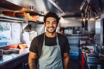 Handsome young caucasian male food truck owner standing behind counter and smiling, successful business owner inside his food truck