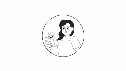 Poster - Wavy hair hispanic woman sipping straw black and white 2D avatar animation. Coffee enjoy latinamerican girl outline cartoon 4K video, alpha channel. Lady drinking milkshake animated portrait isolated