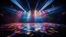 Bright, Colorful Spotlights Casting Vibrant Hues On The Stage Floor. Radiant Beams Of Light Intertwining In The Performance Space.