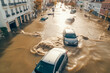 Cars in flooded european city street