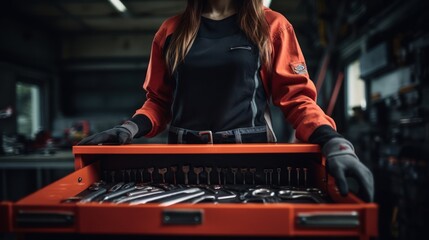 Wall Mural - A Selective focus of mechanic's toolbox with tools in drawers, blurred background, auto mechanic in workshop.