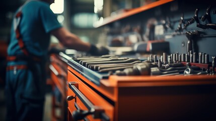 Wall Mural - A Selective focus of mechanic's toolbox with tools in drawers, blurred background, auto mechanic in workshop.