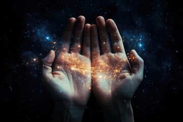 hands holding a star with universe background