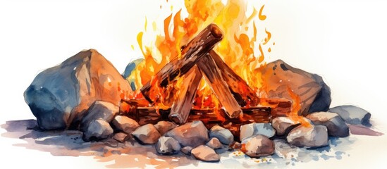 Sticker - Vivid watercolor illustration of a fiery bonfire isolated on white