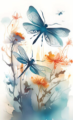 Wall Mural - watercolor llustration of a landscape of blossoms, flower, branches, dragonflies and butterflies with a sky background