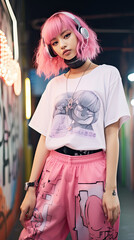 Wall Mural - A woman with pink hair wearing headphones and a t - shirt, cute oriental girl in baggy pants.