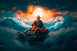 Buddhist monk meditating on top of mountain with moon and clouds in the background