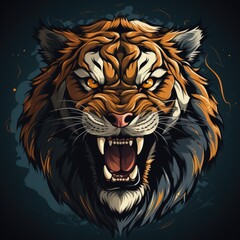 Wall Mural - A tiger with its mouth open and its teeth wide open.