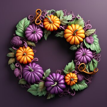 A purple and orange wreath with pumpkins and leaves, purple, orange design.