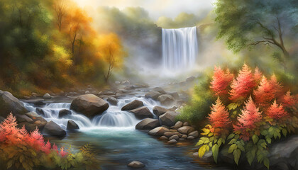 digital watercolor illustration of a foggy morning with a waterfall and a beautiful landscape.