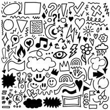 Set Of Hand Drawn Doodle Elements Vector Design. Collection Of Sketch Art Shapes.