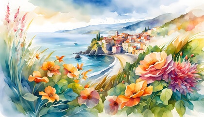 Wall Mural - Digital colorful watercolor illustration of an Italian landscape with flowers, branches, and flying falling leaves