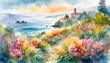 Digital colorful watercolor illustration of an Italian landscape with flowers, branches, and flying falling leaves