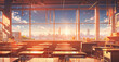 Classroom anime scene with a big window, sunny and warm, illustration, no people