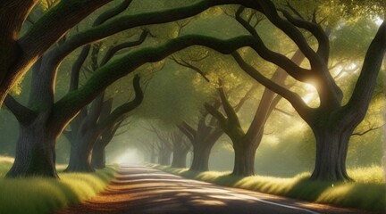 Wall Mural - A peaceful country road lined with towering, ancient oak trees, their branches creating a tunnel of green foliage and dappled sunlight, background image, AI generated