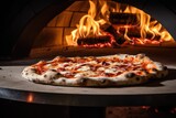 Fototapeta  - Hand-tossed Neapolitan pizza fresh out of a wood-fired oven.