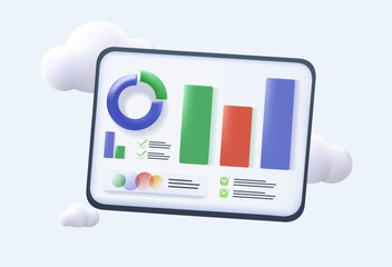 Poster - Analyst working on laptop computer with diagram on screen 3D. Concept of website, online service or internet portal for stock exchange market trading. Modern 3D flat colorful vector illustration