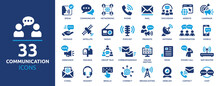Communication Icon Set. Containing Speak, Phone, Mail, Contact, Chat, Website, Satellite, Radio, Antenna, Message And More. Solid Icons Collection, Vector Illustration.